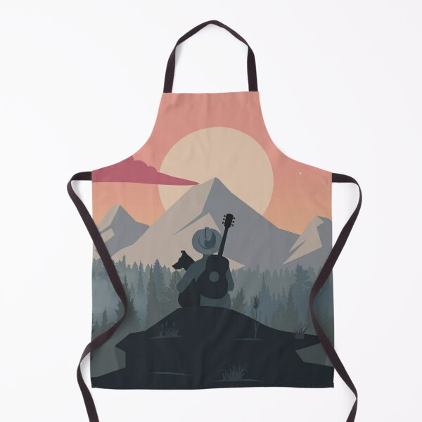 A man with his guitar and dog are sitting on a mountain cliff (Indie Folk Central) Apron