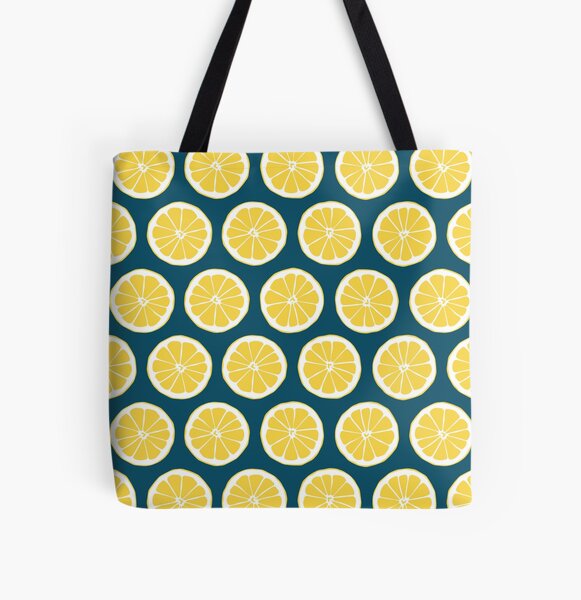 Yellow Lemon Slices on Navy Blue Background All Over Print Tote Bag