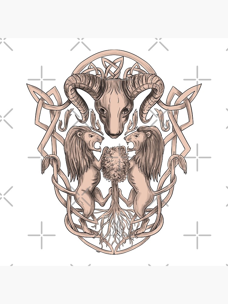 Bighorn Sheep Lion Tree Coat of Arms Celtic Knotwork Tattoo