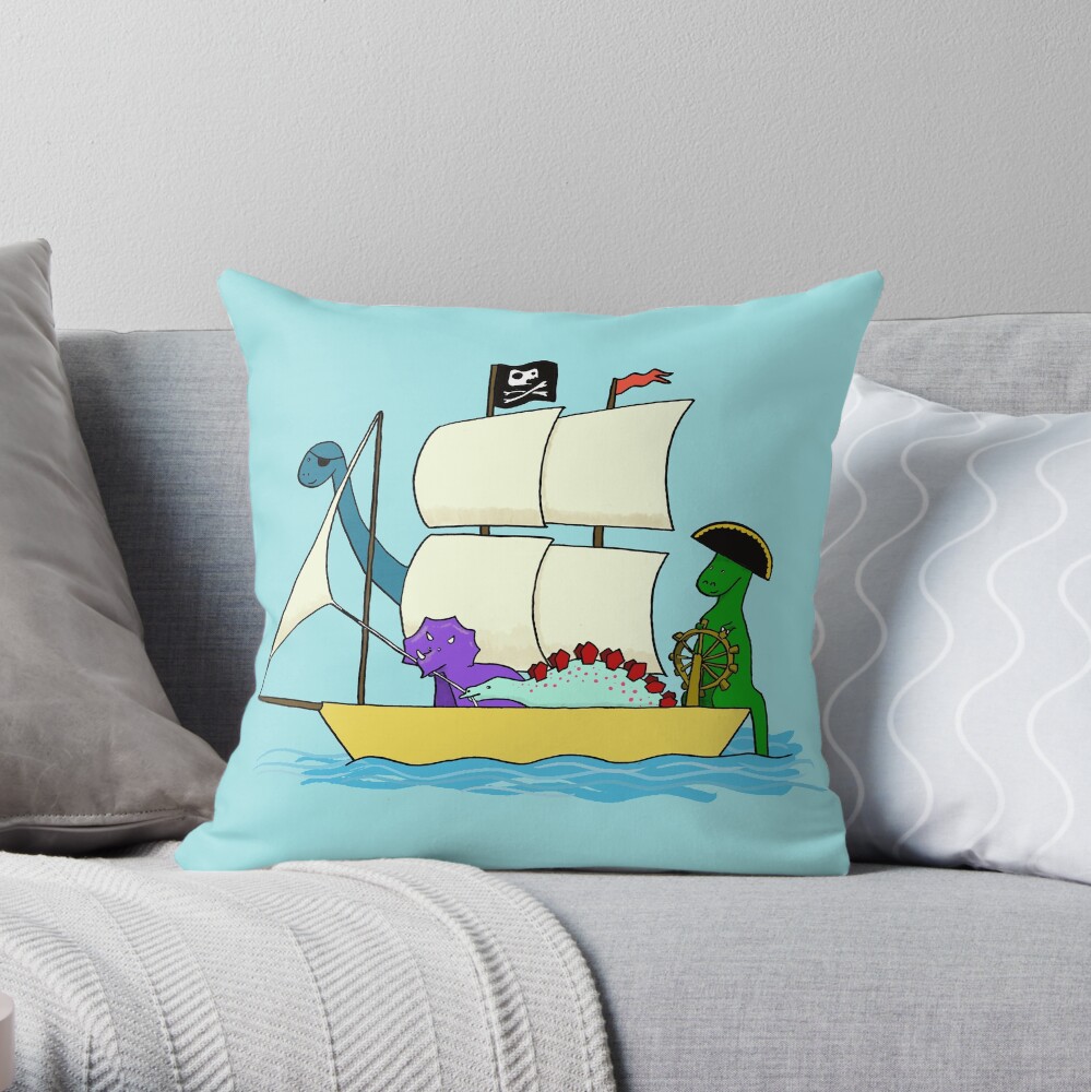 Dinosaur pirates sail the seven seas Throw Pillow