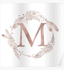 Letter M Rose Gold Pink Initial Monogram Poster