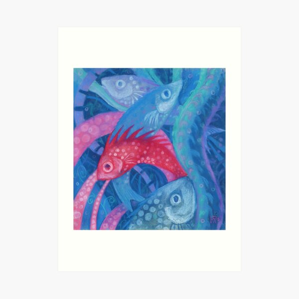 Spawning, Blue Pink Fish, Underwater Water Animals Pastel Art Print