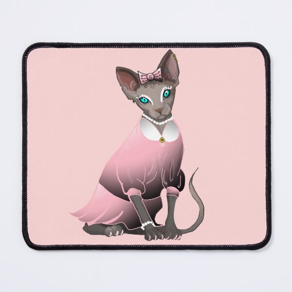 Item preview, Sphinx in pink dress Blue eyes Grey Hairless cat print baby pink background  designed and sold by DemonicGloom.
