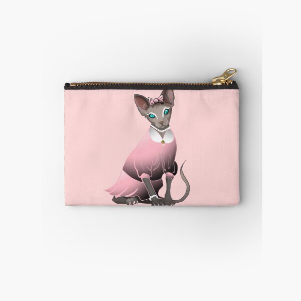 Item preview, Sphinx in pink dress Blue eyes Grey Hairless cat print baby pink background  designed and sold by DemonicGloom.