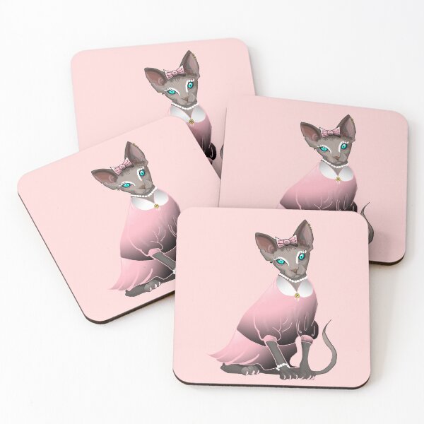 Item preview, Sphinx in pink dress Blue eyes Grey Hairless cat print baby pink background  designed and sold by DemonicGloom.