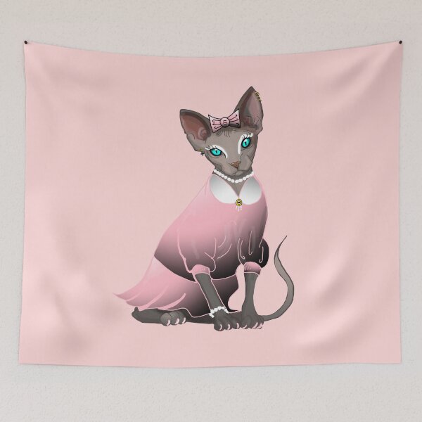 Item preview, Sphinx in pink dress Blue eyes Grey Hairless cat print baby pink background  designed and sold by DemonicGloom.