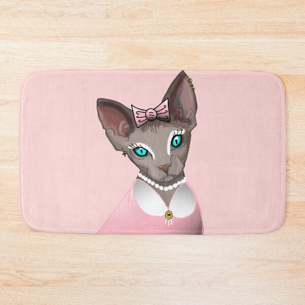 Item preview, Sphinx in pink dress Blue eyes Grey Hairless cat print baby pink background  designed and sold by DemonicGloom.