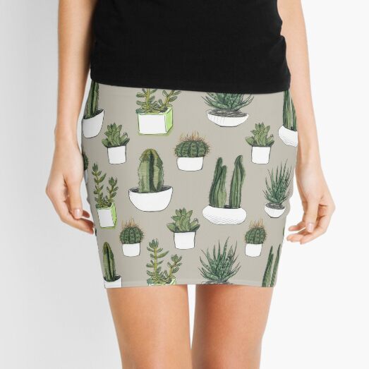 Watercolour Cacti & Succulents - Beige Mini Skirt