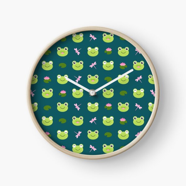 Cute Frog Faces on Teal Clock