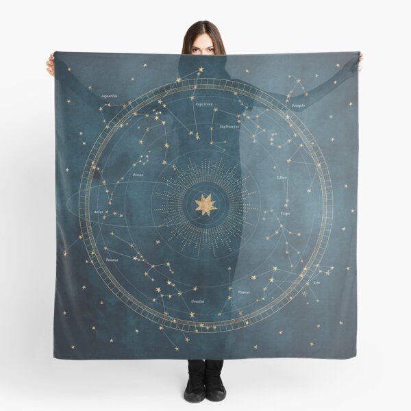 Astrology Wheel with Golden Zodiac Signs on Midnight Blue Sky Scarf