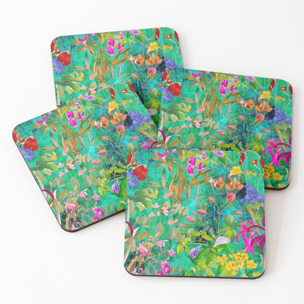 Artikelvorschau, Blumenblüten und Blumen exotischer Garten, Rosen und Blumen, botanisches Muster, Blumenillustration, Pflanzenmuster, grünes Aqua-Blumenmuster entworfen und verkauft von ZeinabTaha.