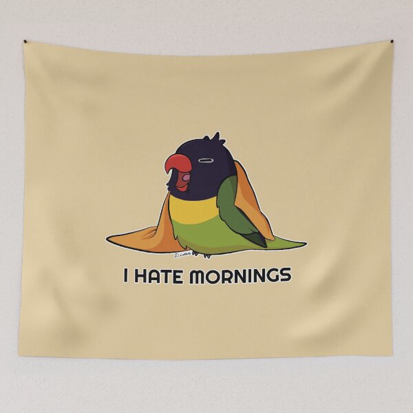 Item preview, I hate mornings masked lovebird designed and sold by Lovebirbs.