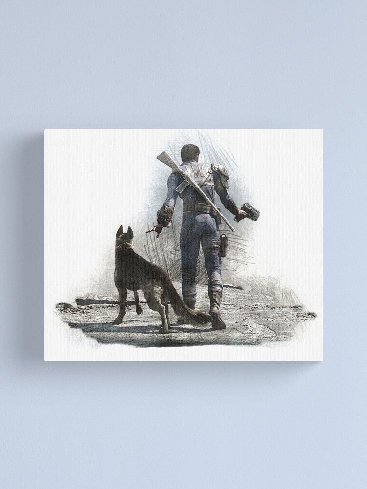 Thumbnail 2 of 3, Canvas Print, Fallout 4 Vault Dweller and Dogmeat Drawing designed and sold by TortillaChief.
