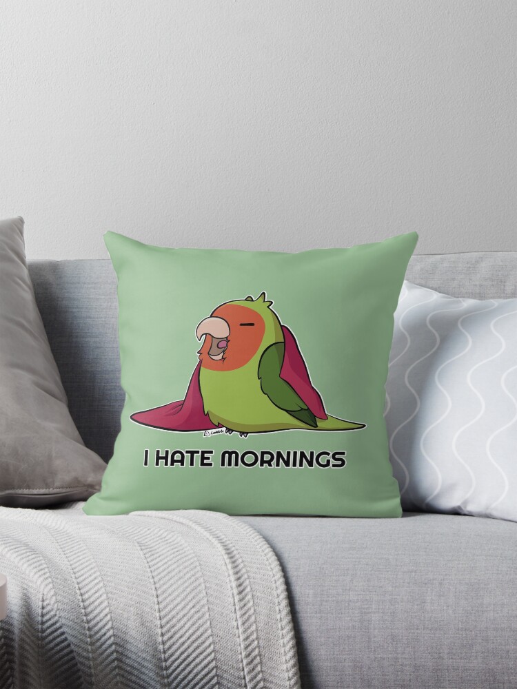 Thumbnail 1 of 4, Pillow, I hate mornings peach faced lovebird designed and sold by Lovebirbs.