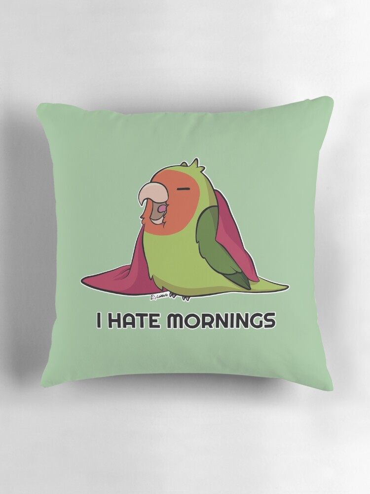 Thumbnail 3 of 4, Pillow, I hate mornings peach faced lovebird designed and sold by Lovebirbs.