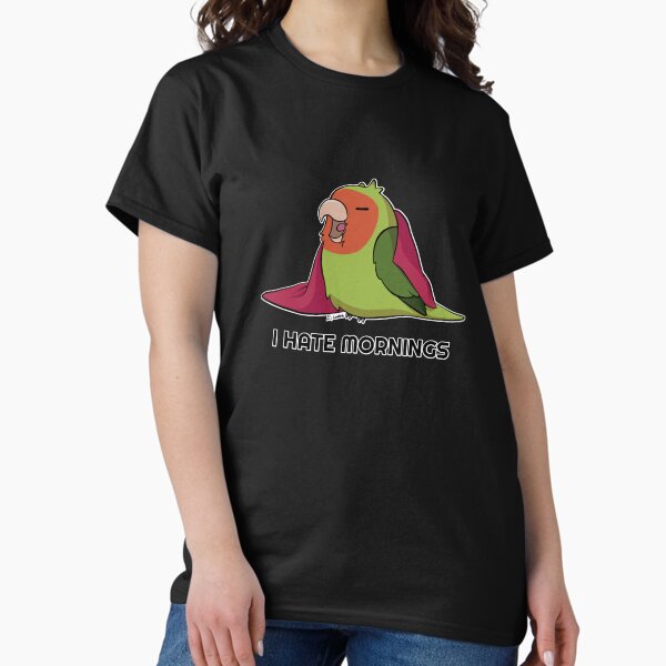 Item preview, I hate mornings peach faced lovebird designed and sold by Lovebirbs.