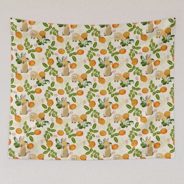 Item preview, Japanese marten with persimmon fruit and flowers, cream designed and sold by Naty Design Prague.