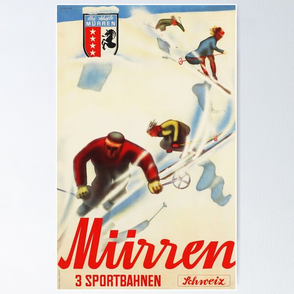 Item preview, MURREN 3 Sportbahnen Sport Tracks SWITZERLAND 1937 Vintage Winter Sports Travel Poster designed and sold by retroposters.
