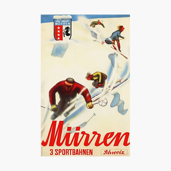 Item preview, MURREN 3 Sportbahnen Sport Tracks SWITZERLAND 1937 Vintage Winter Sports Travel Poster designed and sold by retroposters.