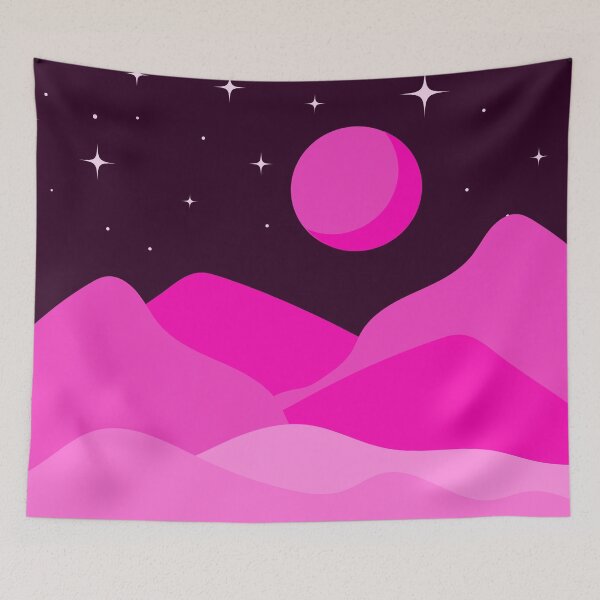 Item preview, Dreamy Pink Night Boho Landscape Aesthetic Mountains & Moon designed and sold by lovelyvibezzzz.