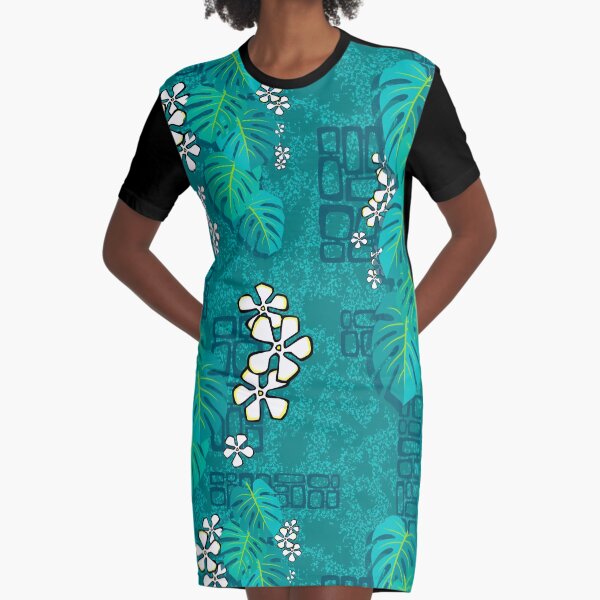 Tiki Garden Wall - aqua Graphic T-Shirt Dress