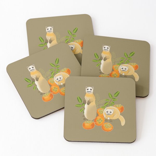 Item preview, Japanese marten with persimmon fruit and flowers, khaki designed and sold by Naty Design Prague.