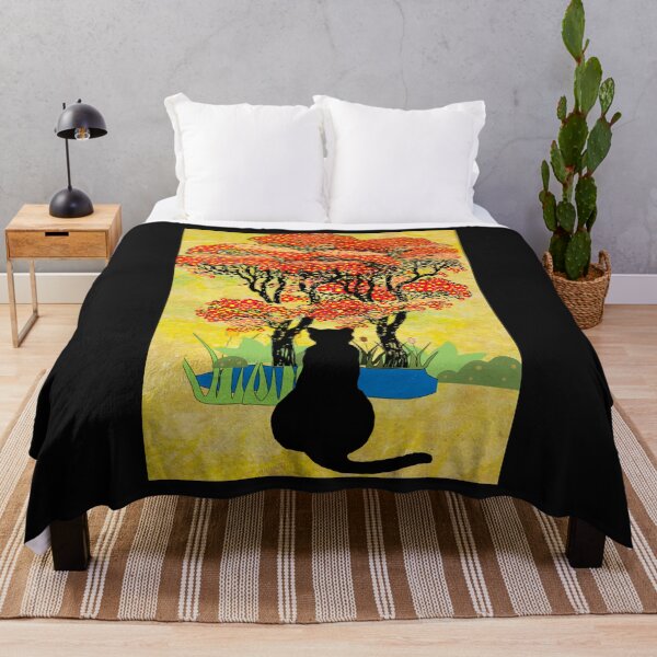 Item preview,  Black Cat Tree Blossoms Japanese Art Retro 1960's designed and sold by DelightfulBliss.
