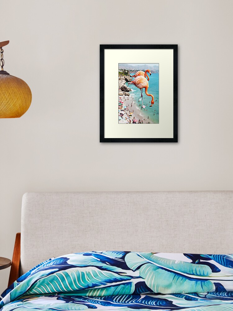 Thumbnail 1 of 7, Framed Art Print, Flamingos on the Beach, Wildlife Surrealism Birds, Nature Flamingo Fantasy Beach Summer Photography designed and sold by 83oranges.