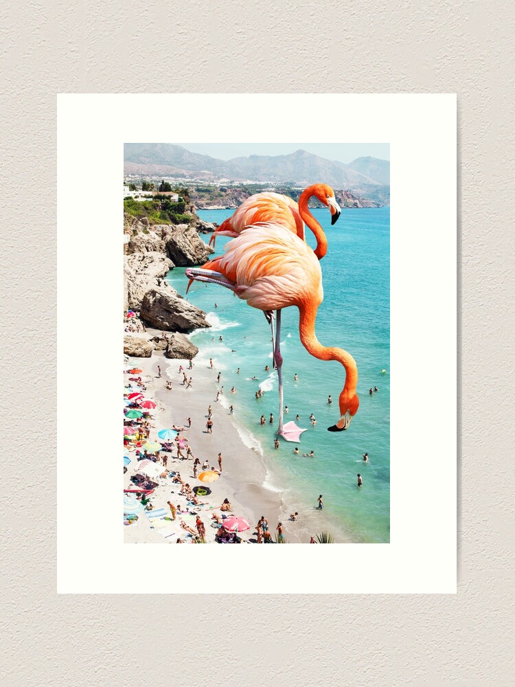 Alternate view of Flamingos on the Beach, Wildlife Surrealism Birds, Nature Flamingo Fantasy Beach Summer Photography Art Print