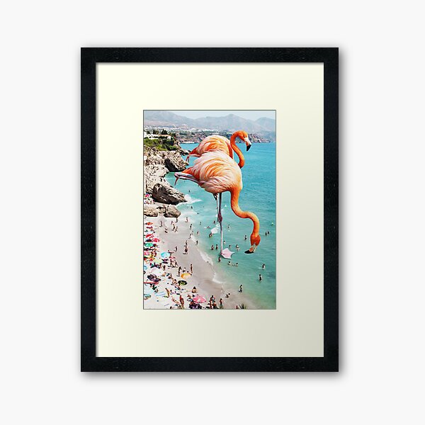 Flamingos on the Beach, Wildlife Surrealism Birds, Nature Flamingo Fantasy Beach Summer Photography Framed Art Print