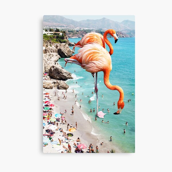 Flamingos on the Beach, Wildlife Surrealism Birds, Nature Flamingo Fantasy Beach Summer Photography Canvas Print