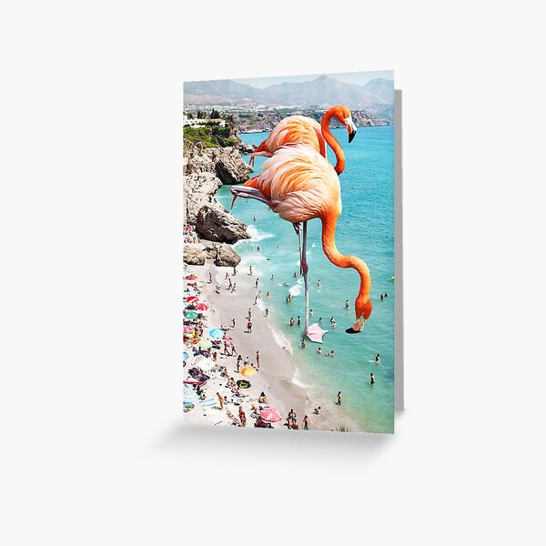 Flamingos on the Beach, Wildlife Surrealism Birds, Nature Flamingo Fantasy Beach Summer Photography Greeting Card
