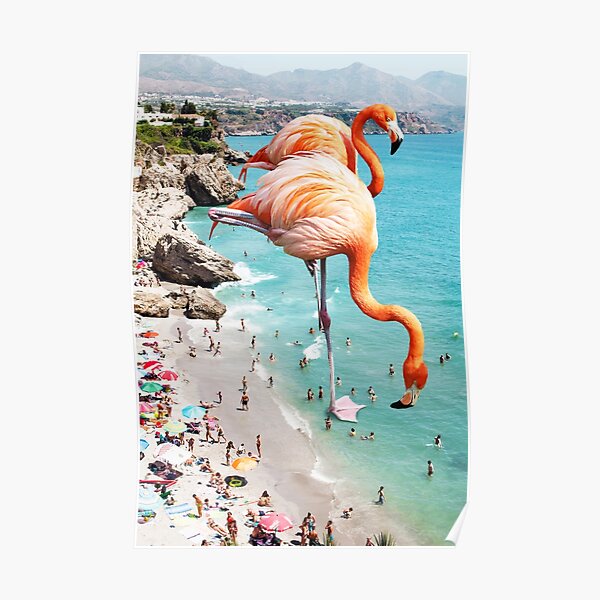Flamingos on the Beach, Wildlife Surrealism Birds, Nature Flamingo Fantasy Beach Summer Photography Poster