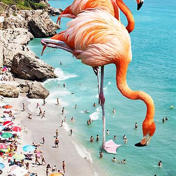 Artwork thumbnail, Flamingos on the Beach, Wildlife Surrealism Birds, Nature Flamingo Fantasy Beach Summer Photography by 83oranges
