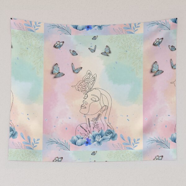 Item preview, Floral Blue Water Colour Woman's Face Single Lined Drawing With Butterflies designed and sold by adoredigitals.