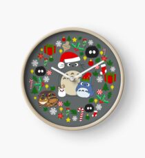 Christmas Totoro in Dark Grey - Holiday, Xmas, Presents, Peppermint, Candy Cane, Mistletoe, Snowflake, Poinsettia, Anime, Catbus, Soot Sprite, Blue, White, Manga, Hayao Miyazaki, Studio Ghibl Clock