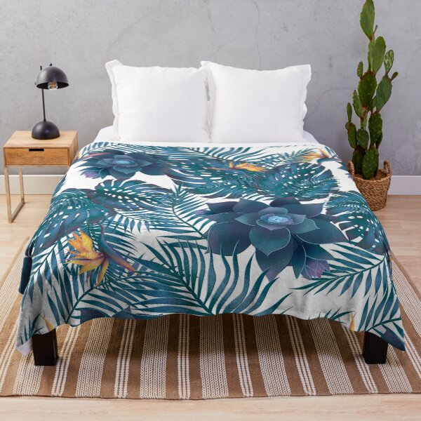 Item preview, vibrant  botanical design of jungle foliage and tropical bird of paradise blooms, using shades of dark blue set off against a white background designed and sold by ditzy-designs.