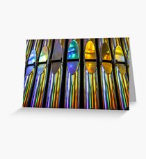 Stained glass reflection off pipe organ Greeting Card