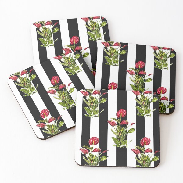 Item preview, Anthuriums on black and white stripes  designed and sold by Faerieglen.
