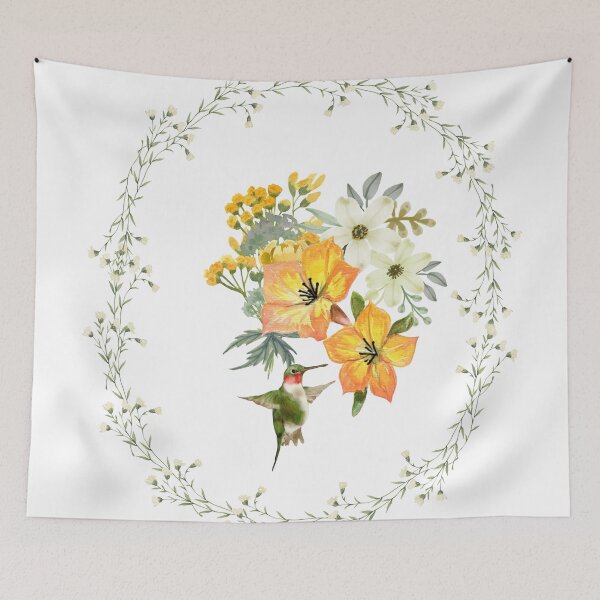 Item preview, Hummingbird with orange and white flowers with flower wreath designed and sold by tomorrowsart.