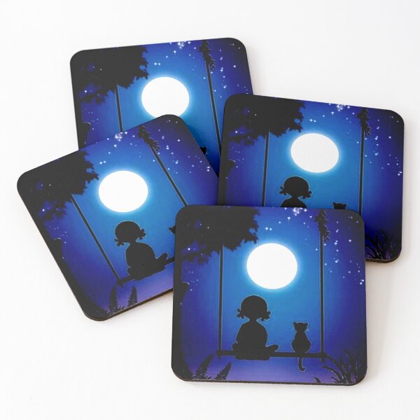 Item preview,  Cute little girl and cat watching the moon on a swing  Art  designed and sold by BEAUTY ⭐⭐⭐⭐⭐.