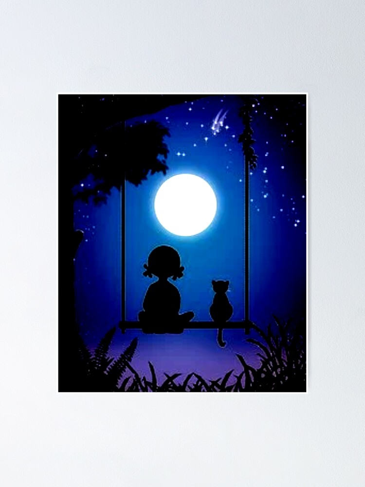 Cute Little Girl And Cat Watching The Moon On A Swing Art Poster For Sale By Coolmoondesigns Redbubble