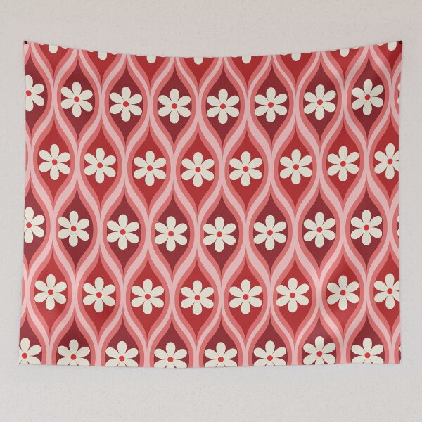 Item preview,  Retro white flower pattern on  geometric oval ogee  red shapes  designed and sold by Yasminepatterns .