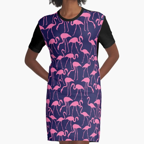 Pink and Navy Flamingo Print Graphic T-Shirt Dress