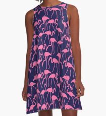 Pink and Navy Flamingo Print A-Line Dress