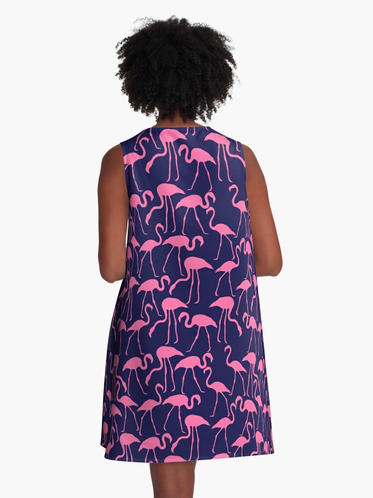 A-Line Dress, Pink and Navy Flamingo Print designed and sold by heartlocked