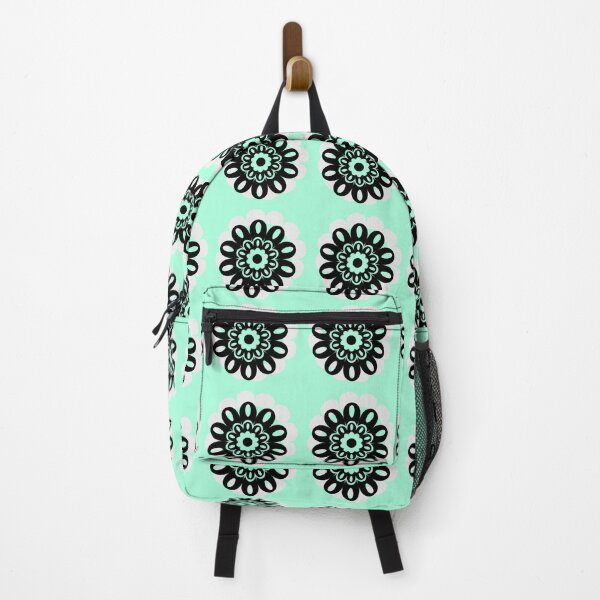 Artikelvorschau, Retro-70er-Muster mit schwarzen Blumen und leuchtend mintgrünem Thema entworfen und verkauft von elliebart.