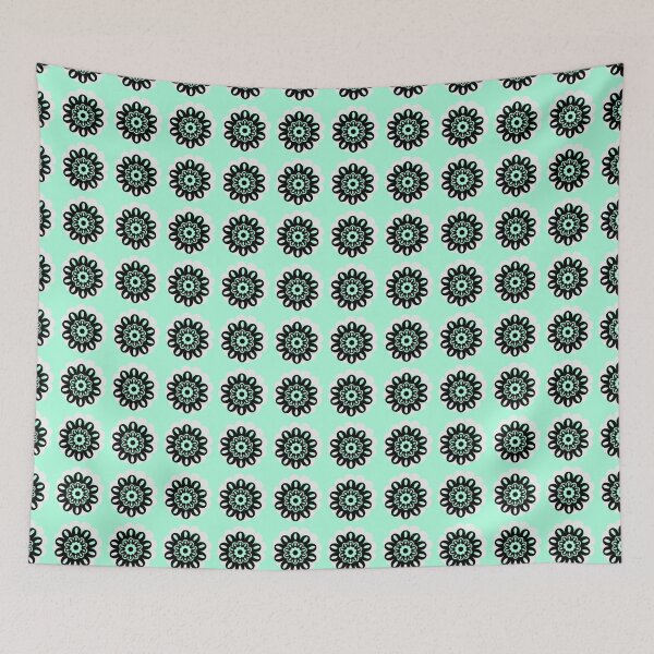 Item preview, Retro 70s Pattern with Black flowers and bright mint green theme designed and sold by elliebart.