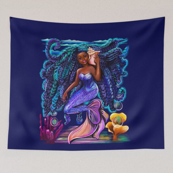 Item preview, mermaid with flowing braids, sea shell, coral , brown eyes curly Afro hair and caramel brown skin designed and sold by Artonmytee.