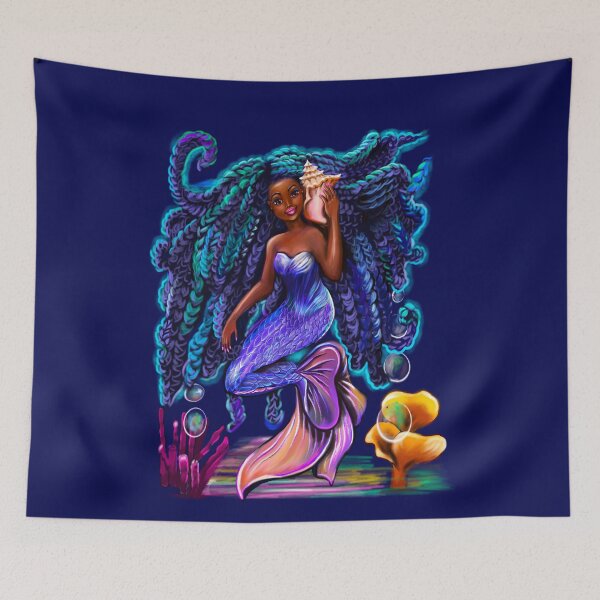 Item preview, mermaid with flowing braids , sea shell, coral 2 , brown eyes curly Afro hair and caramel brown skin designed and sold by Artonmytee.